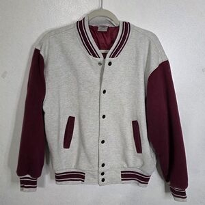 Vintage 90s Fruit Of The Loom Mens Varsity Letterman Jacket Size M Grey Snap Up
